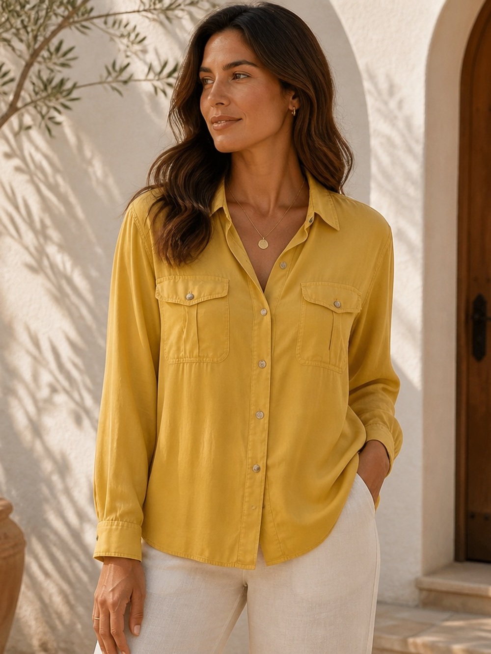 Chico’s Size 3 16/18 Mustard Yellow Modal Button Down Shirt Coastal Casual